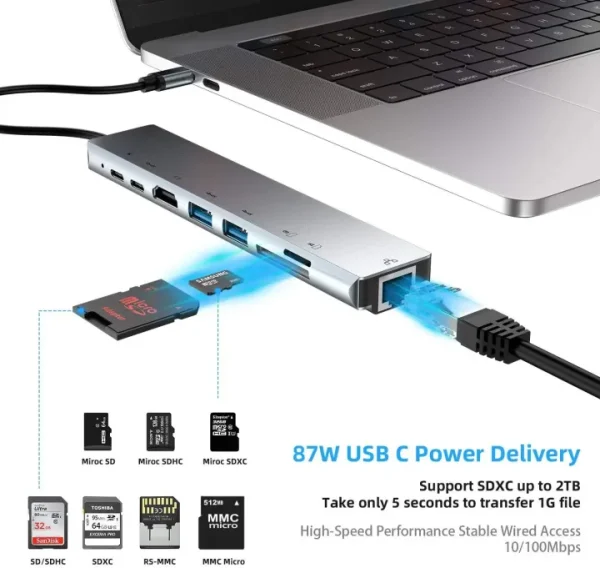 8 in 1 USB-C Hub Adapter with 4K HDMI, 100W PD, Ethernet & Card Reader