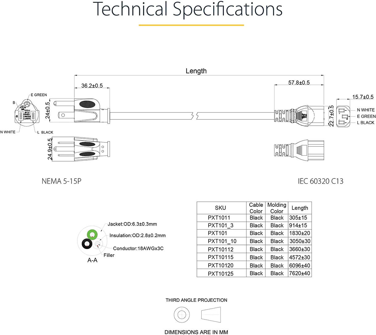 Desktop Power Cable 3 Pin Universal Power Cord