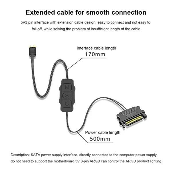 ARGB 5V 3-Pin to SATA Interface Mini RGB Controller Cable for PC