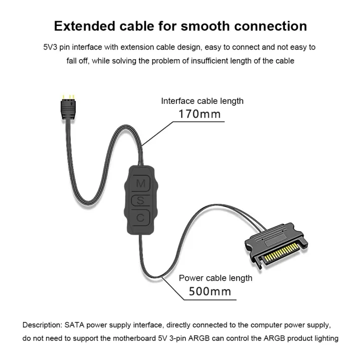 ARGB 5V 3-Pin to SATA Interface Mini RGB Controller Cable for PC